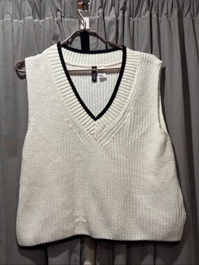 H&M Cream V-Neck Knit Sweater Vest with Black Trim